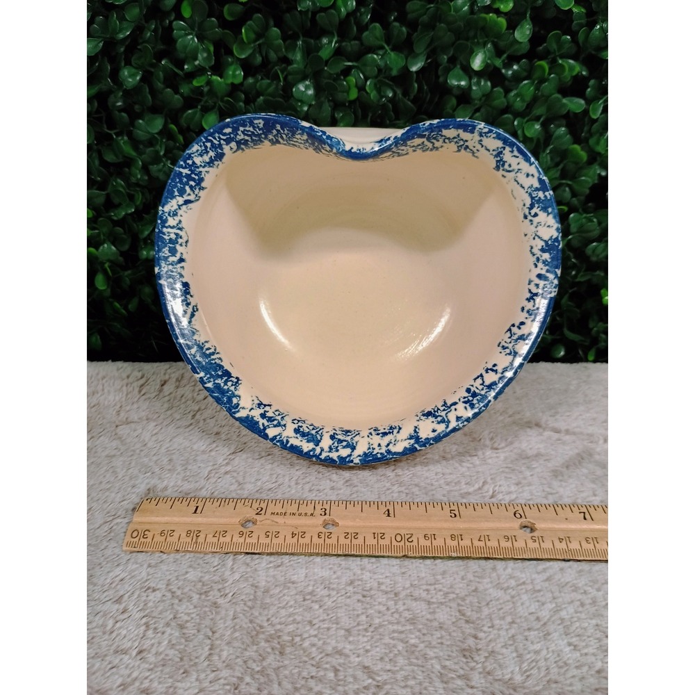 Heart Shape Studio Pottery Bowl Blue Speckled Sponge Painted Rim Stoneware‎ Dish